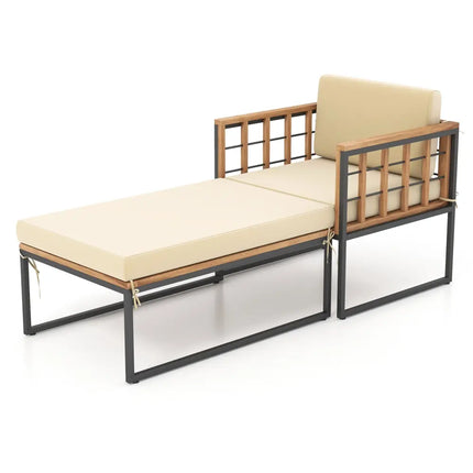 Patio Acacia Wood Armchair with Long Ottoman and Seat Back Cushions - Outdoor Chaise Lounges