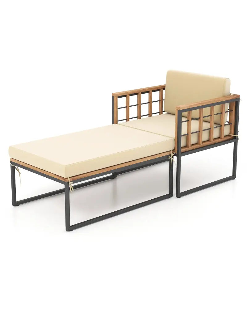 Patio Acacia Wood Armchair with Long Ottoman and Seat Back Cushions - Outdoor Chaise Lounges
