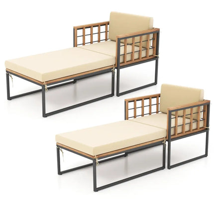 Patio Acacia Wood Armchair with Long Ottoman and Seat Back Cushions - Outdoor Chaise Lounges