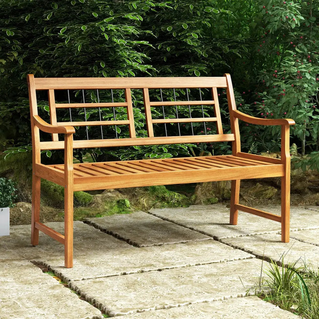 Patio Acacia Wood Bench with Curved Armrests Slatted Seat and Backrest - Natural - Outdoor Benches