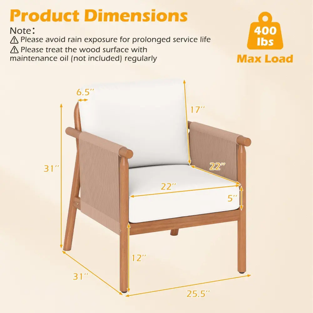 Patio Acacia Wood Chair Set of 2 with Woven Rope Armrests and Seat Back Cushions for Backyard-White - White - Patio