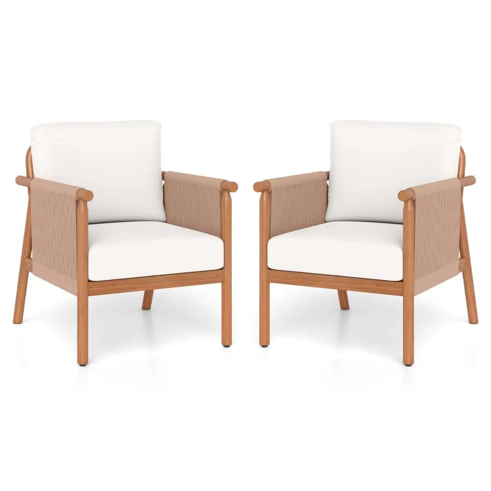 Patio Acacia Wood Chair Set of 2 with Woven Rope Armrests and Seat Back Cushions for Backyard-White - White - Patio