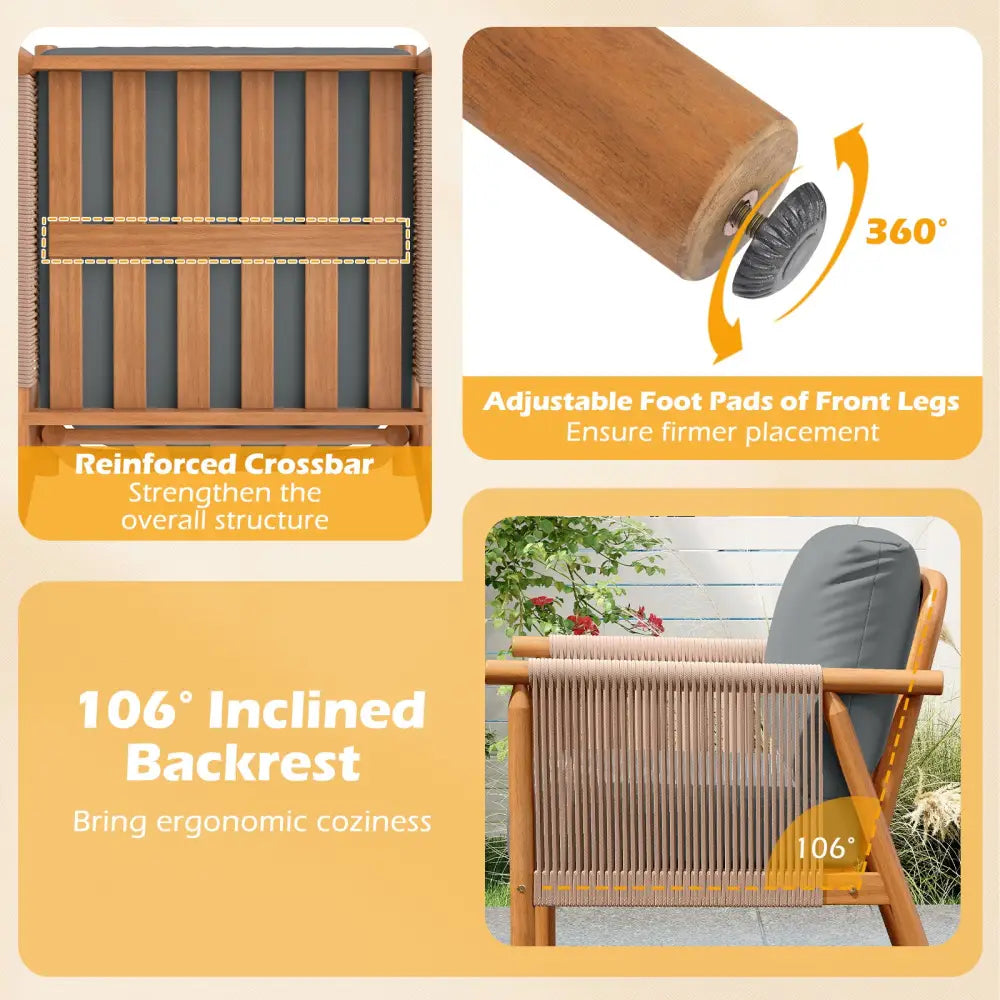 Patio Acacia Wood Chair Set of 2 with Woven Rope Armrests and Seat Back Cushions for Backyard-Gray - Gray - Patio