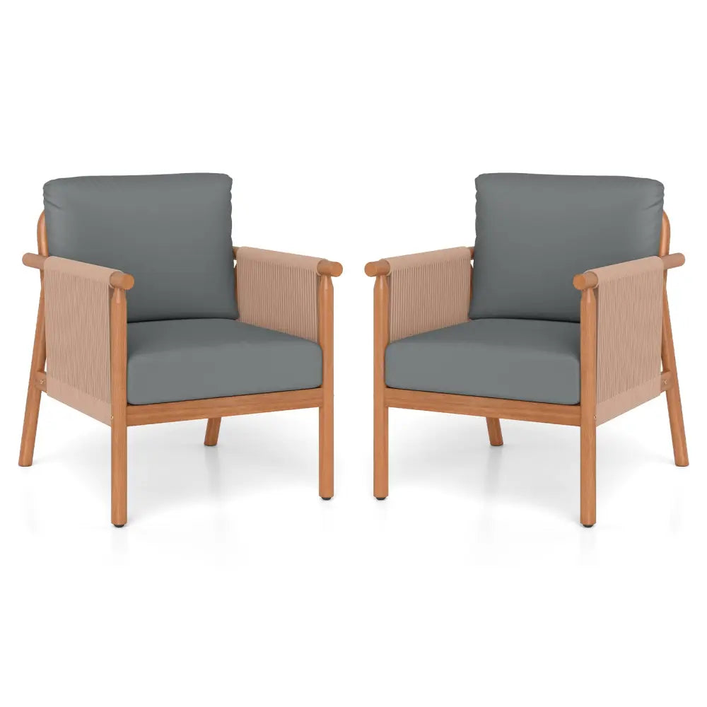 Patio Acacia Wood Chair Set of 2 with Woven Rope Armrests and Seat Back Cushions for Backyard-Gray - Gray - Patio