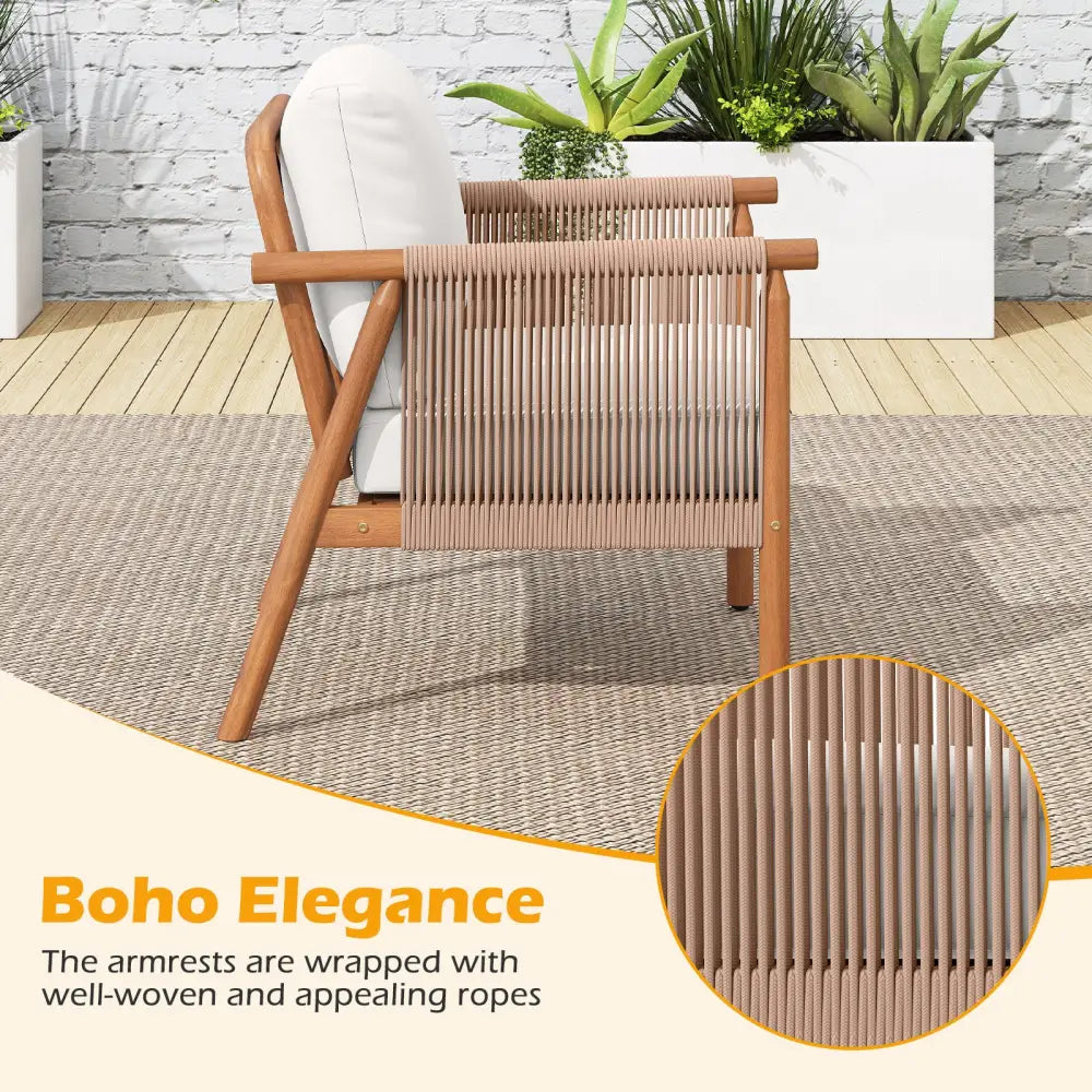 Patio Acacia Wood Chair Set of 2 with Woven Rope Armrests and Seat Back Cushions for Backyard-White - White - Patio