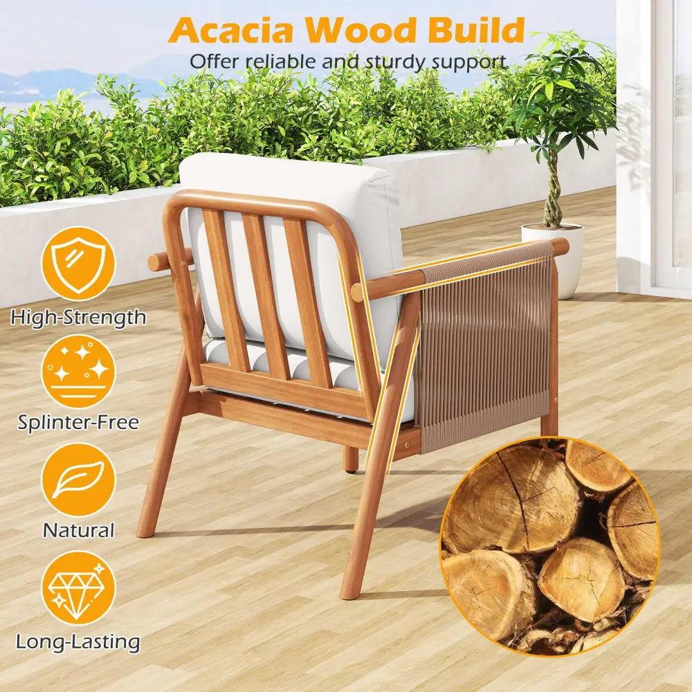 Patio Acacia Wood Chair Set of 2 with Woven Rope Armrests and Seat Back Cushions for Backyard-White - White - Patio