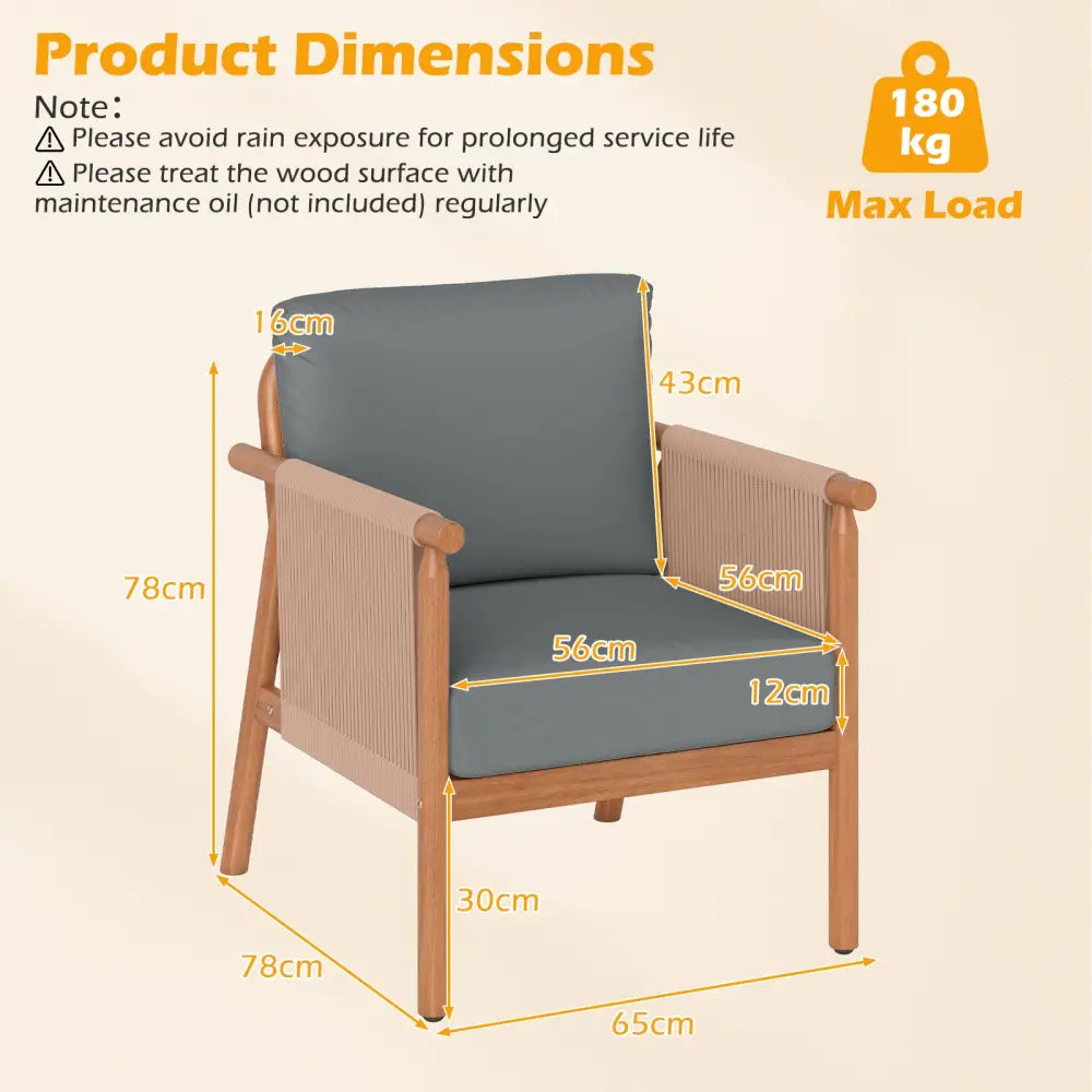 Patio Acacia Wood Chair Set of 2 with Woven Rope Armrests and Seat Back Cushions for Backyard-Gray - Gray - Patio