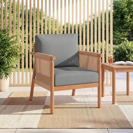 Patio Acacia Wood Chair Set of 4 with Woven Rope Armrests and Seat Back Cushions for Backyard-Gray - Gray - Patio