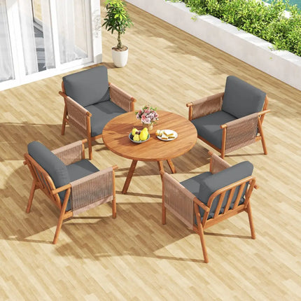 Patio Acacia Wood Chair Set of 4 with Woven Rope Armrests and Seat Back Cushions for Backyard-Gray - Gray - Patio