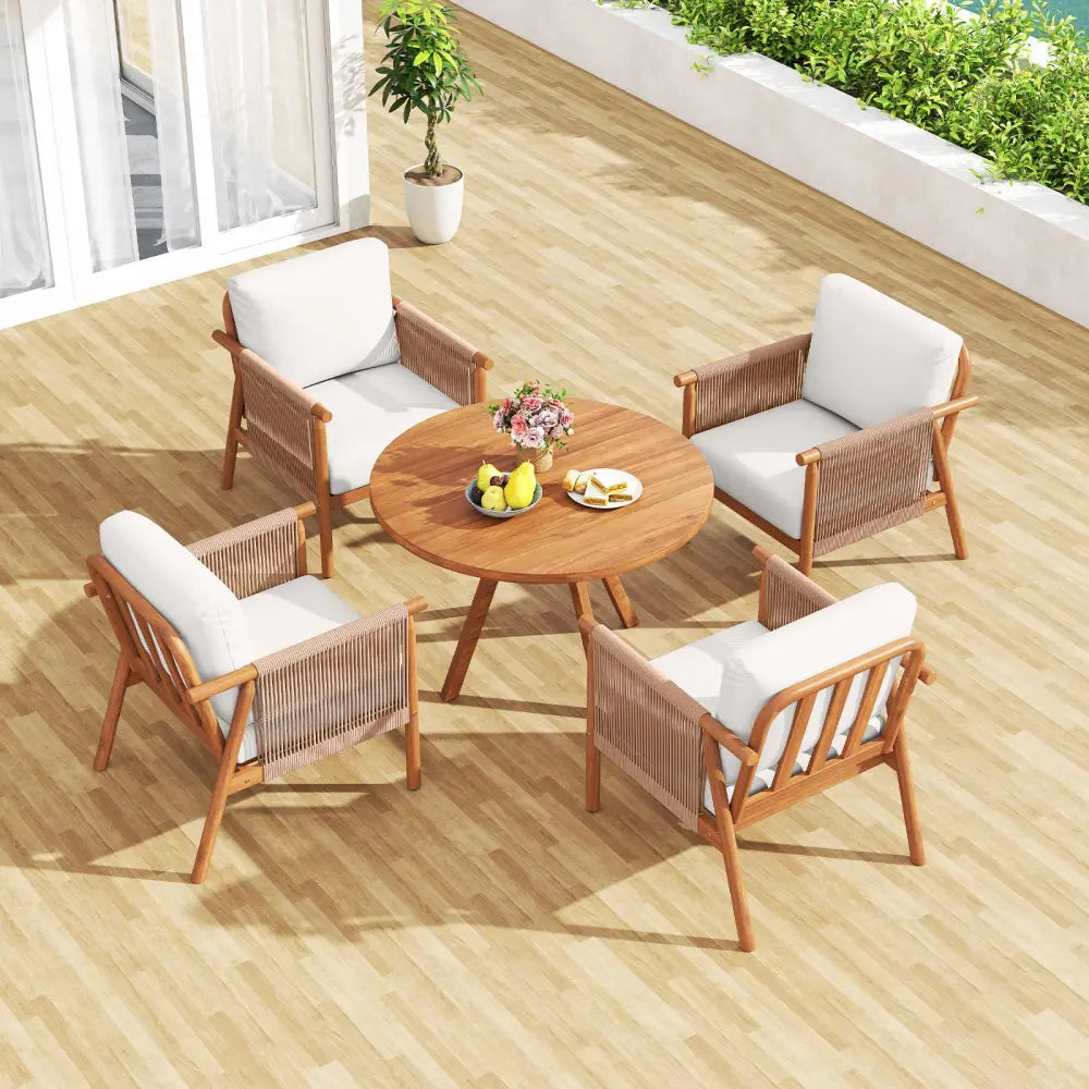 Patio Acacia Wood Chair Set of 4 with Woven Rope Armrests and Seat Back Cushions for Backyard-White - White - Patio