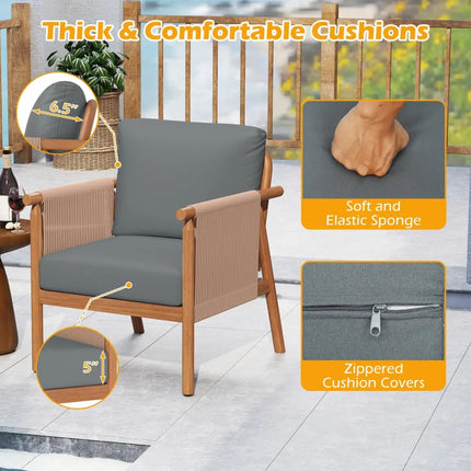 Patio Acacia Wood Chair Set of 4 with Woven Rope Armrests and Seat Back Cushions for Backyard-Gray - Gray - Patio