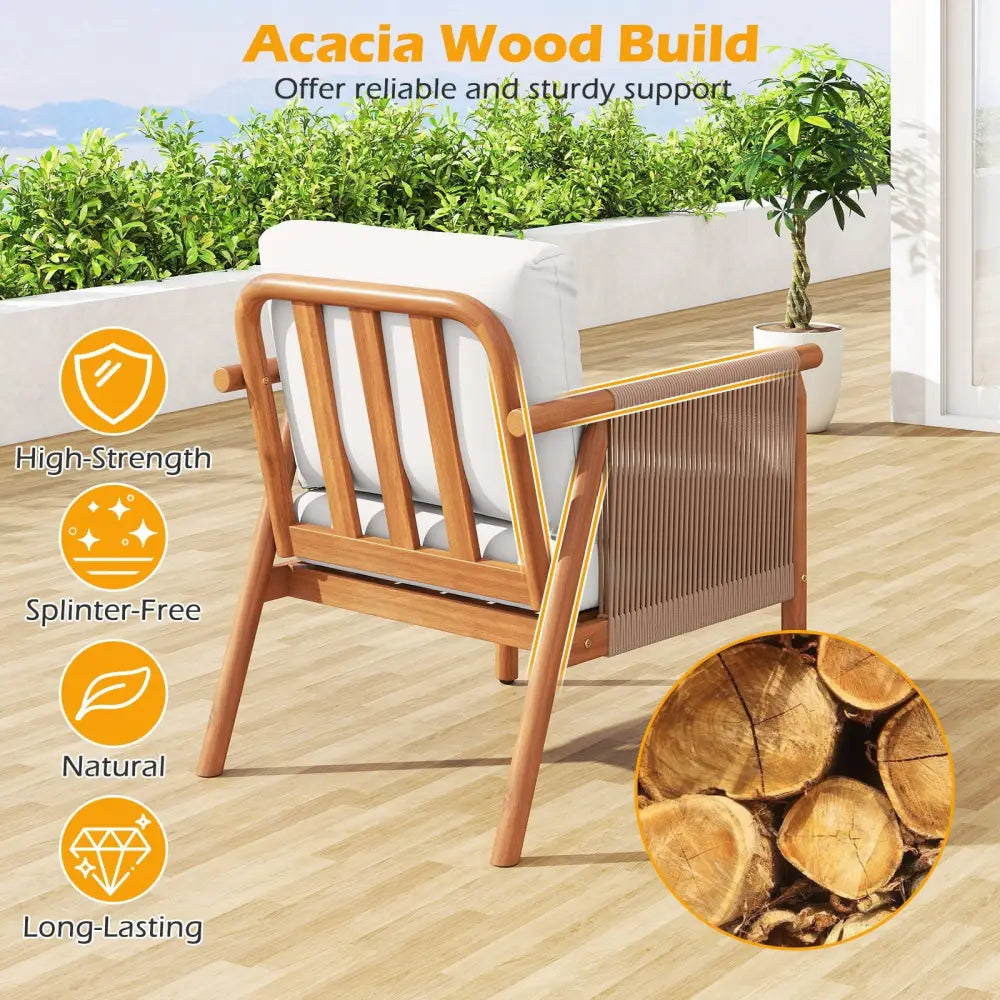 Patio Acacia Wood Chair Set of 4 with Woven Rope Armrests and Seat Back Cushions for Backyard-White - White - Patio