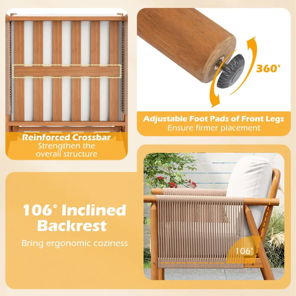 Patio Acacia Wood Chair Set of 4 with Woven Rope Armrests and Seat Back Cushions for Backyard-White - White - Patio