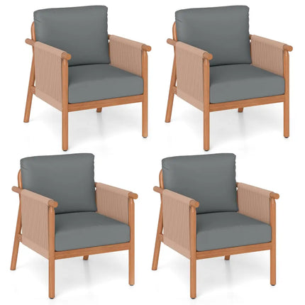 Patio Acacia Wood Chair Set of 4 with Woven Rope Armrests and Seat Back Cushions for Backyard-Gray - Gray - Patio