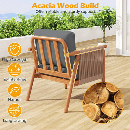 Patio Acacia Wood Chair Set of 4 with Woven Rope Armrests and Seat Back Cushions for Backyard-Gray - Gray - Patio