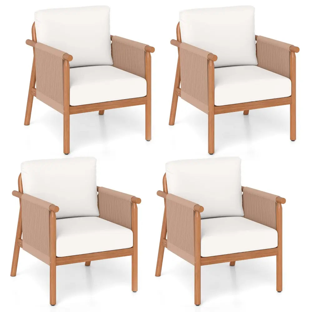 Patio Acacia Wood Chair Set of 4 with Woven Rope Armrests and Seat Back Cushions for Backyard-White - White - Patio