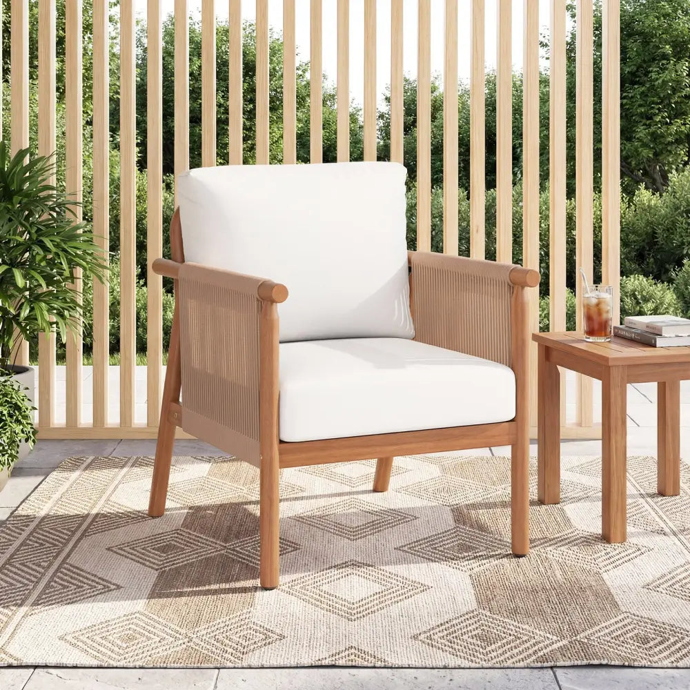 Patio Acacia Wood Chair Set of 4 with Woven Rope Armrests and Seat Back Cushions for Backyard-White - White - Patio