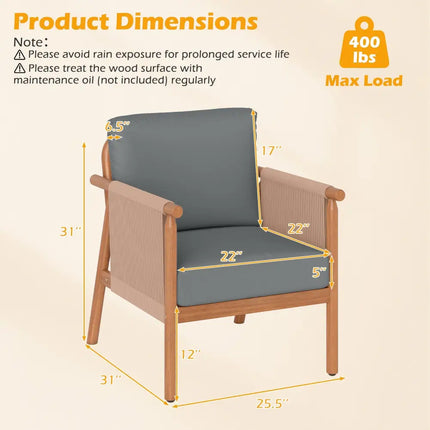 Patio Acacia Wood Chair Set of 4 with Woven Rope Armrests and Seat Back Cushions for Backyard-Gray - Gray - Patio