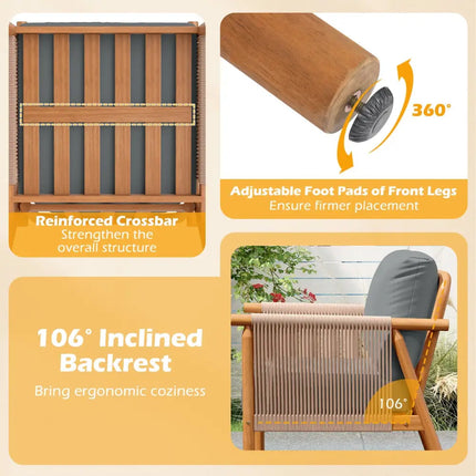 Patio Acacia Wood Chair Set of 4 with Woven Rope Armrests and Seat Back Cushions for Backyard-Gray - Gray - Patio