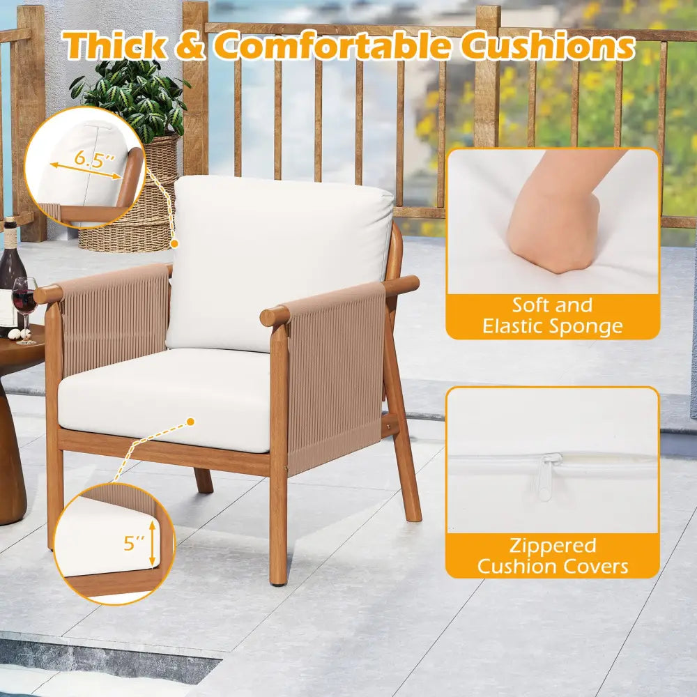 Patio Acacia Wood Chair Set of 4 with Woven Rope Armrests and Seat Back Cushions for Backyard-White - White - Patio