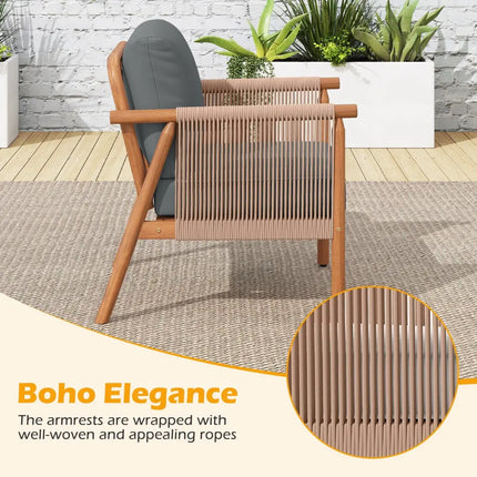 Patio Acacia Wood Chair Set of 4 with Woven Rope Armrests and Seat Back Cushions for Backyard-Gray - Gray - Patio