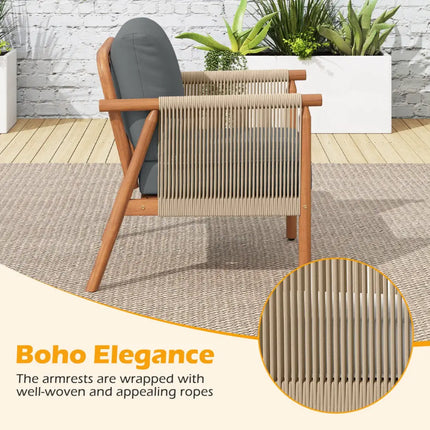 Patio Acacia Wood Chair with Woven Rope Armrests and Seat Back Cushions for Backyard-Gray - Gray - Patio Dining Chairs