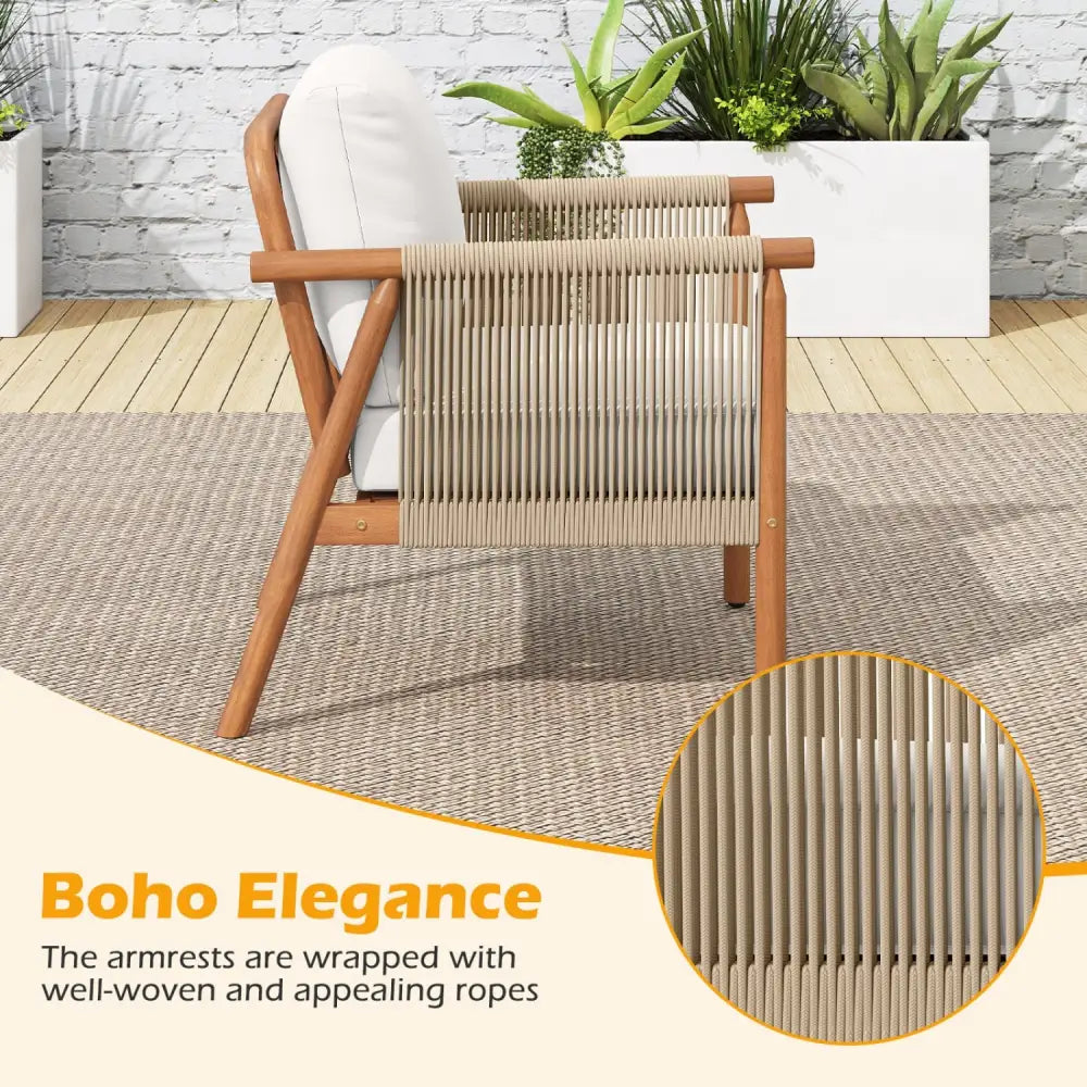 Patio Acacia Wood Chair with Woven Rope Armrests and Seat Back Cushions for Backyard-White - White - Patio Dining Chairs