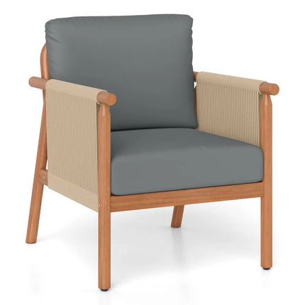 Patio Acacia Wood Chair with Woven Rope Armrests and Seat Back Cushions for Backyard-Gray - Gray - Patio Dining Chairs