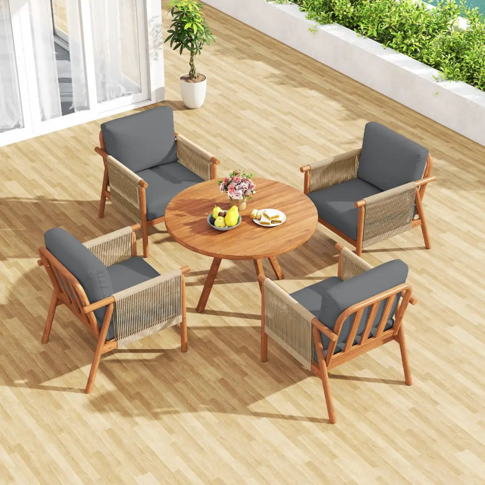 Patio Acacia Wood Chair with Woven Rope Armrests and Seat Back Cushions for Backyard-Gray - Gray - Patio Dining Chairs
