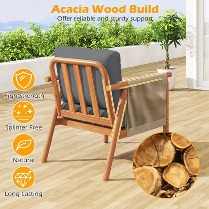 Patio Acacia Wood Chair with Woven Rope Armrests and Seat Back Cushions for Backyard-Gray - Gray - Patio Dining Chairs