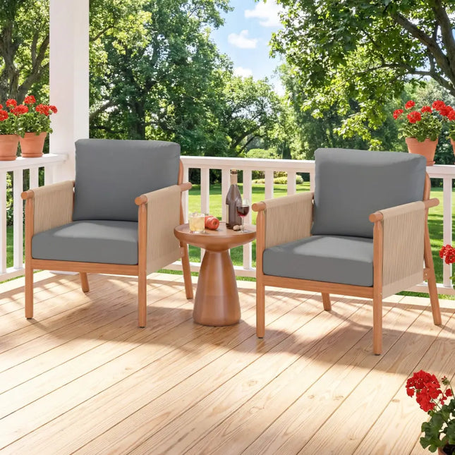 Patio Acacia Wood Chair with Woven Rope Armrests and Seat Back Cushions for Backyard-Gray - Gray - Patio Dining Chairs
