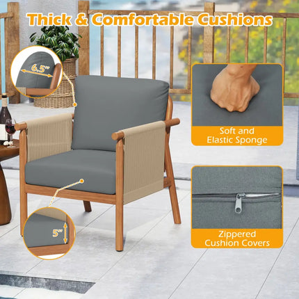 Patio Acacia Wood Chair with Woven Rope Armrests and Seat Back Cushions for Backyard-Gray - Gray - Patio Dining Chairs