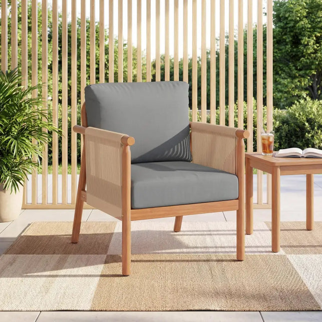 Patio Acacia Wood Chair with Woven Rope Armrests and Seat Back Cushions for Backyard-Gray - Gray - Patio Dining Chairs