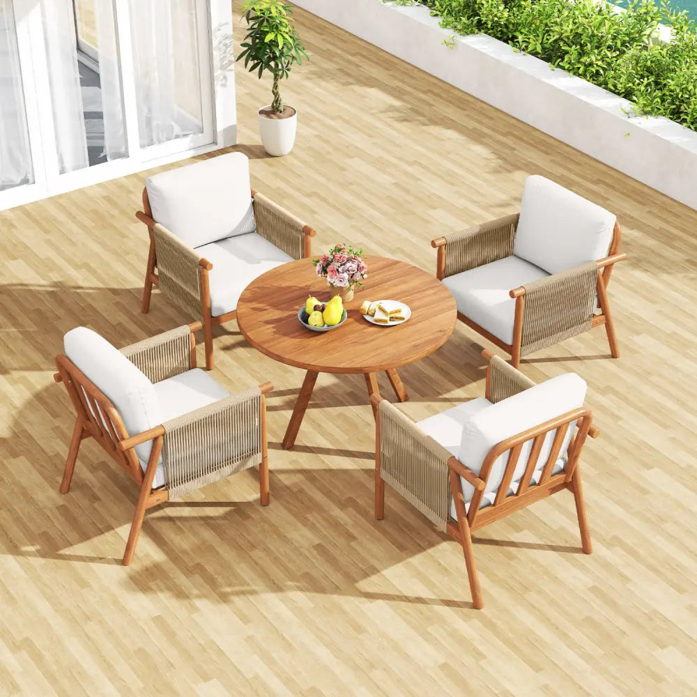Patio Acacia Wood Chair with Woven Rope Armrests and Seat Back Cushions for Backyard-White - White - Patio Dining Chairs