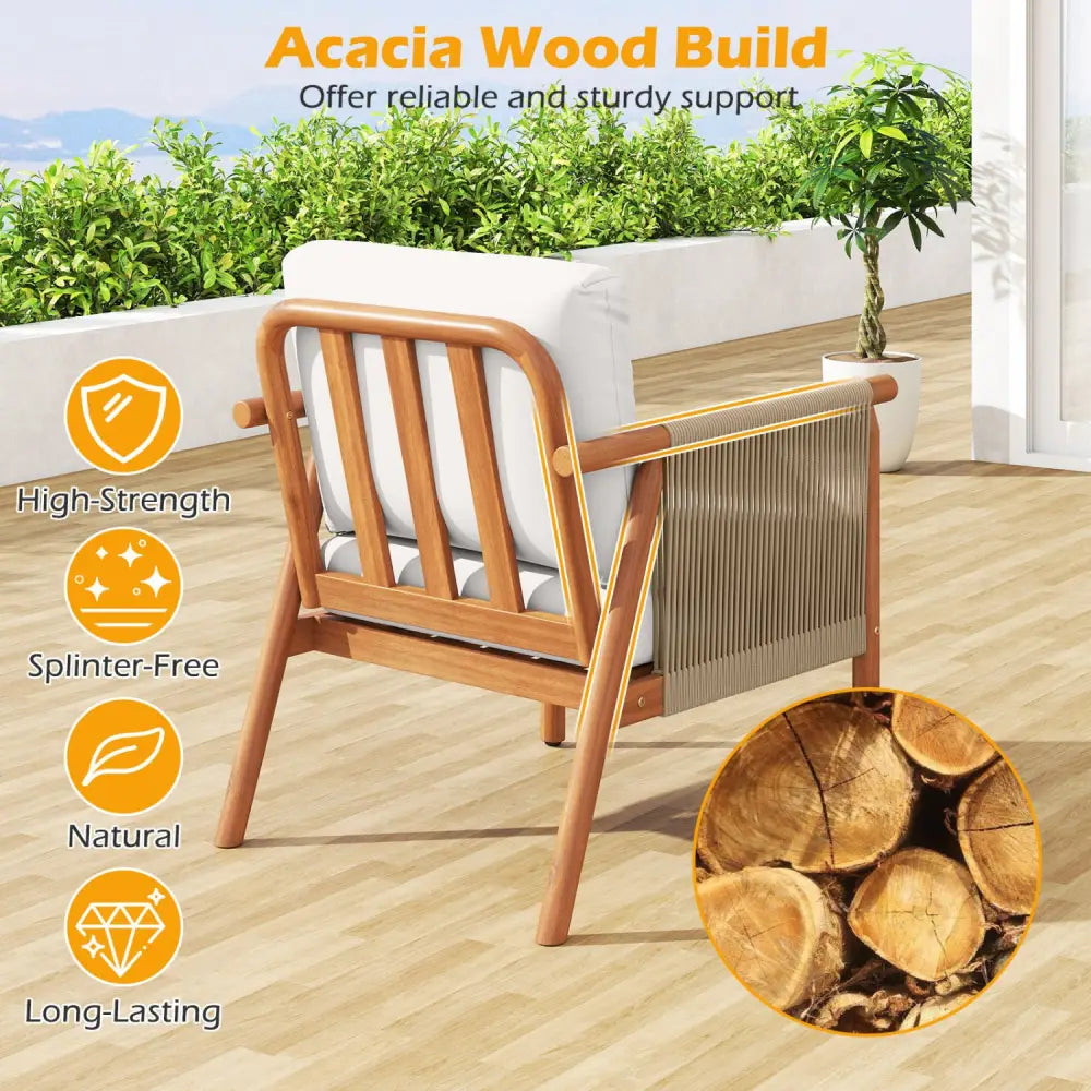 Patio Acacia Wood Chair with Woven Rope Armrests and Seat Back Cushions for Backyard-White - White - Patio Dining Chairs