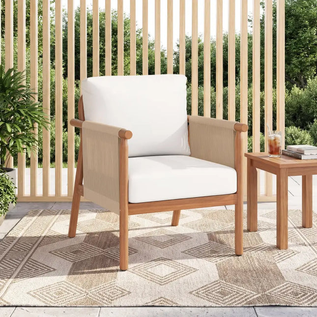 Patio Acacia Wood Chair with Woven Rope Armrests and Seat Back Cushions for Backyard-White - White - Patio Dining Chairs