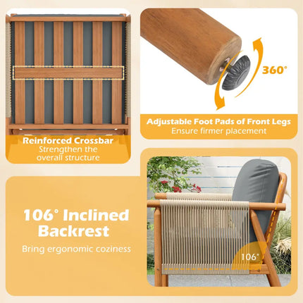 Patio Acacia Wood Chair with Woven Rope Armrests and Seat Back Cushions for Backyard-Gray - Gray - Patio Dining Chairs