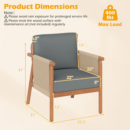 Patio Acacia Wood Chair with Woven Rope Armrests and Seat Back Cushions for Backyard-Gray - Gray - Patio Dining Chairs