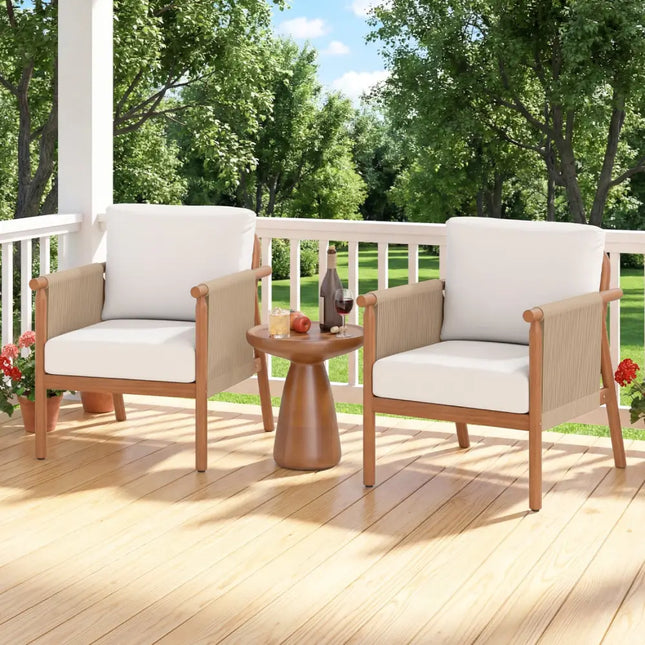 Patio Acacia Wood Chair with Woven Rope Armrests and Seat Back Cushions for Backyard-White - White - Patio Dining Chairs