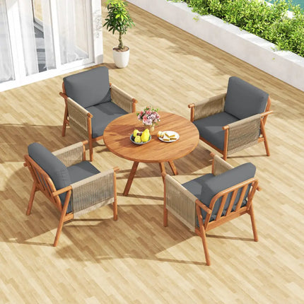 Patio Acacia Wood Chair with Woven Rope Armrests and Seat Back Cushions for Backyard-Gray - Gray - Patio Dining Chairs