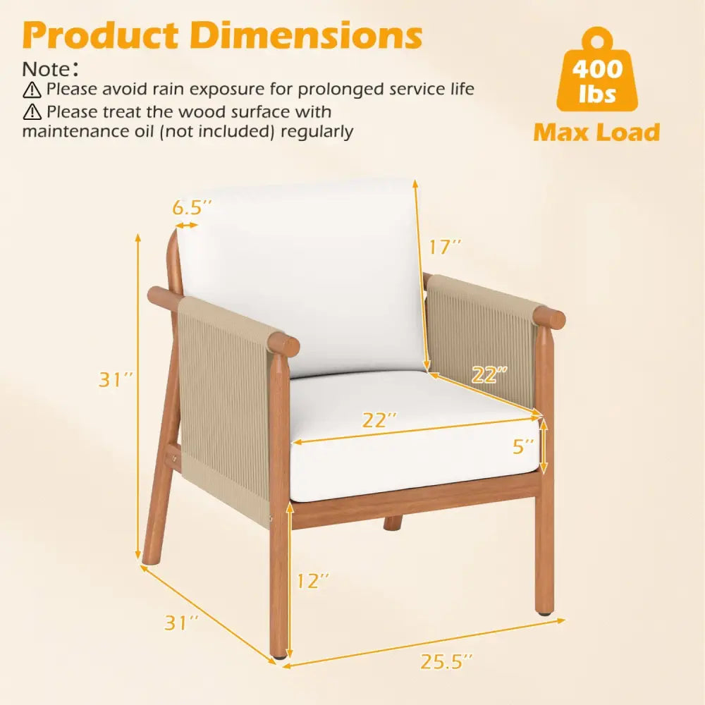 Patio Acacia Wood Chair with Woven Rope Armrests and Seat Back Cushions for Backyard-White - White - Patio Dining Chairs