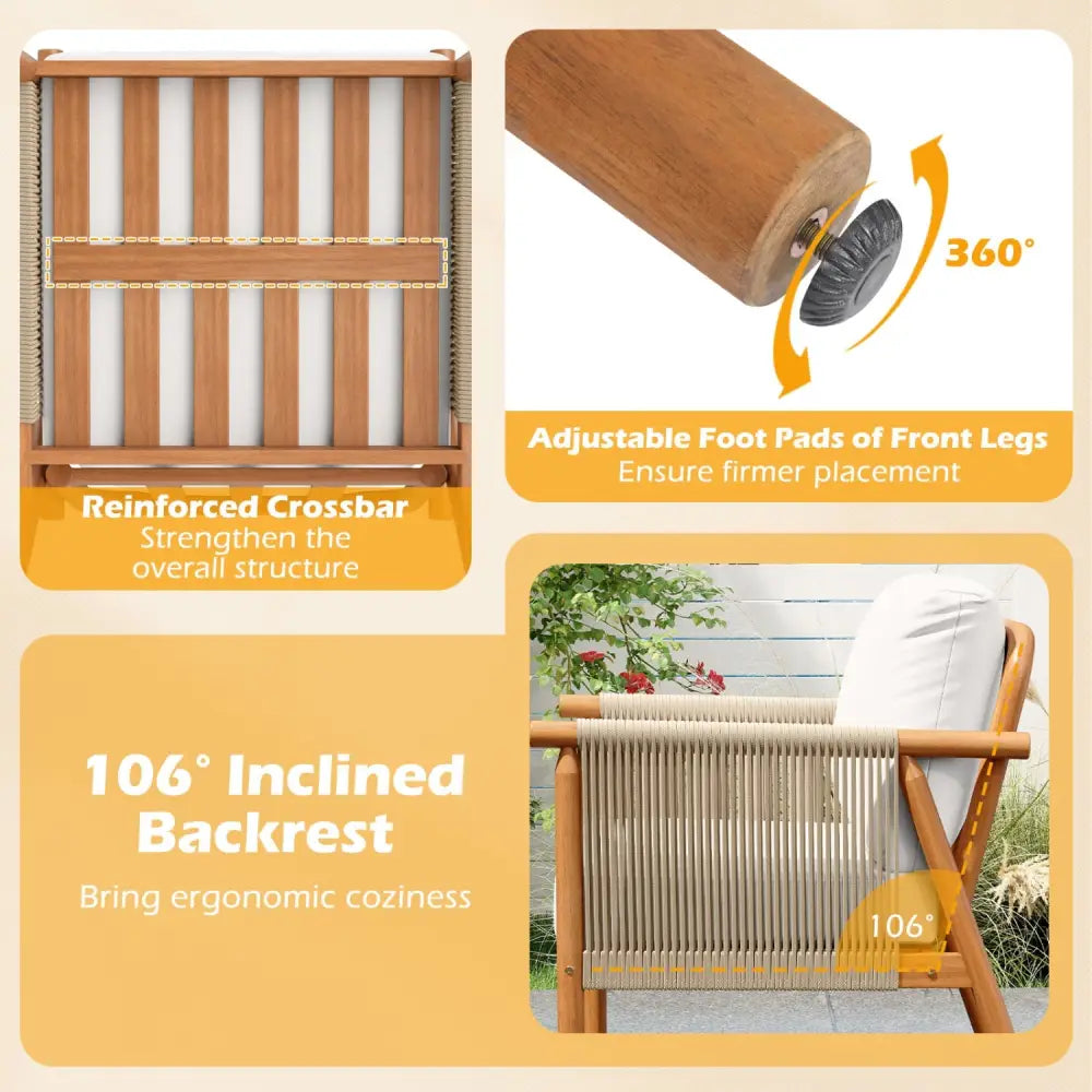 Patio Acacia Wood Chair with Woven Rope Armrests and Seat Back Cushions for Backyard-White - White - Patio Dining Chairs