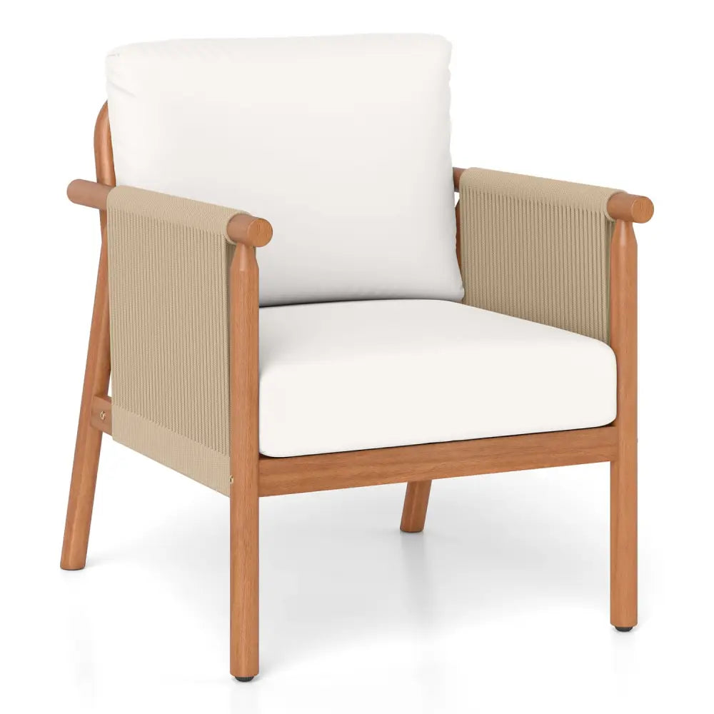 Patio Acacia Wood Chair with Woven Rope Armrests and Seat Back Cushions for Backyard-White - White - Patio Dining Chairs
