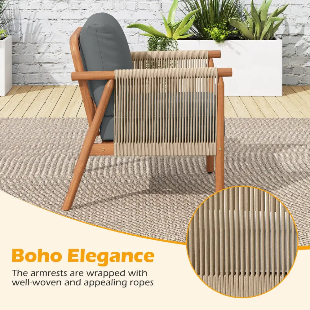 Patio Acacia Wood Chair with Woven Rope Armrests and Seat Back Cushions for Backyard-Gray - Gray - Patio Dining Chairs