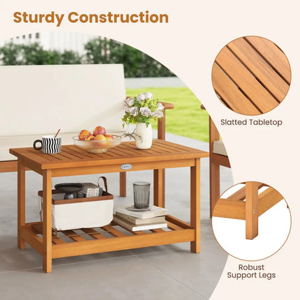 Patio Acacia Wood Coffee Table 2-Tier Rectangular Center Table - Natural - Patio Coffee Tables