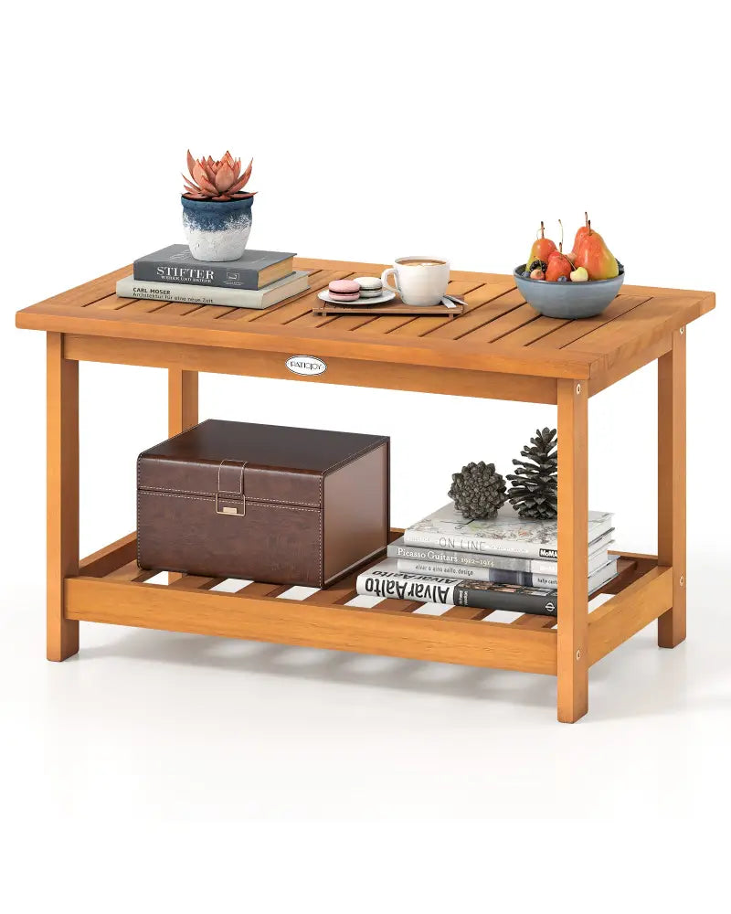 Patio Acacia Wood Coffee Table 2-Tier Rectangular Center Table - Natural - Patio Coffee Tables