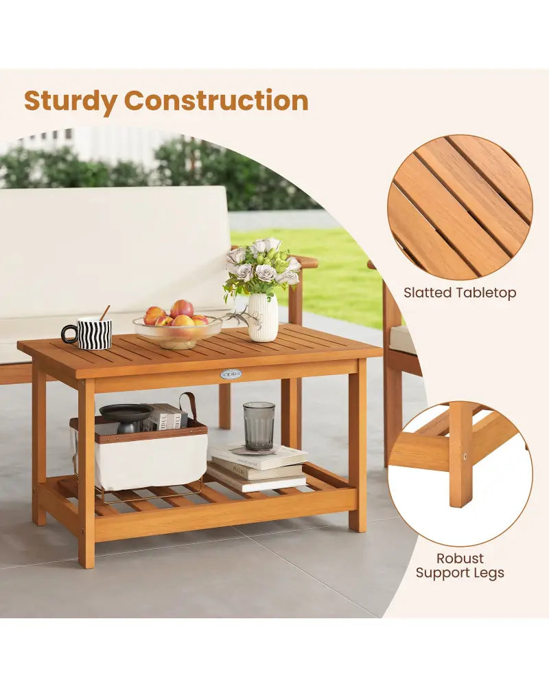 Patio Acacia Wood Coffee Table 2-Tier Rectangular Center Table - Natural - Patio Coffee Tables