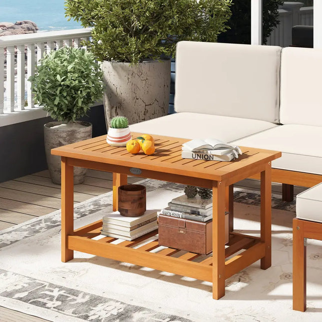 Patio Acacia Wood Coffee Table 2-Tier Rectangular Center Table - Natural - Patio Coffee Tables