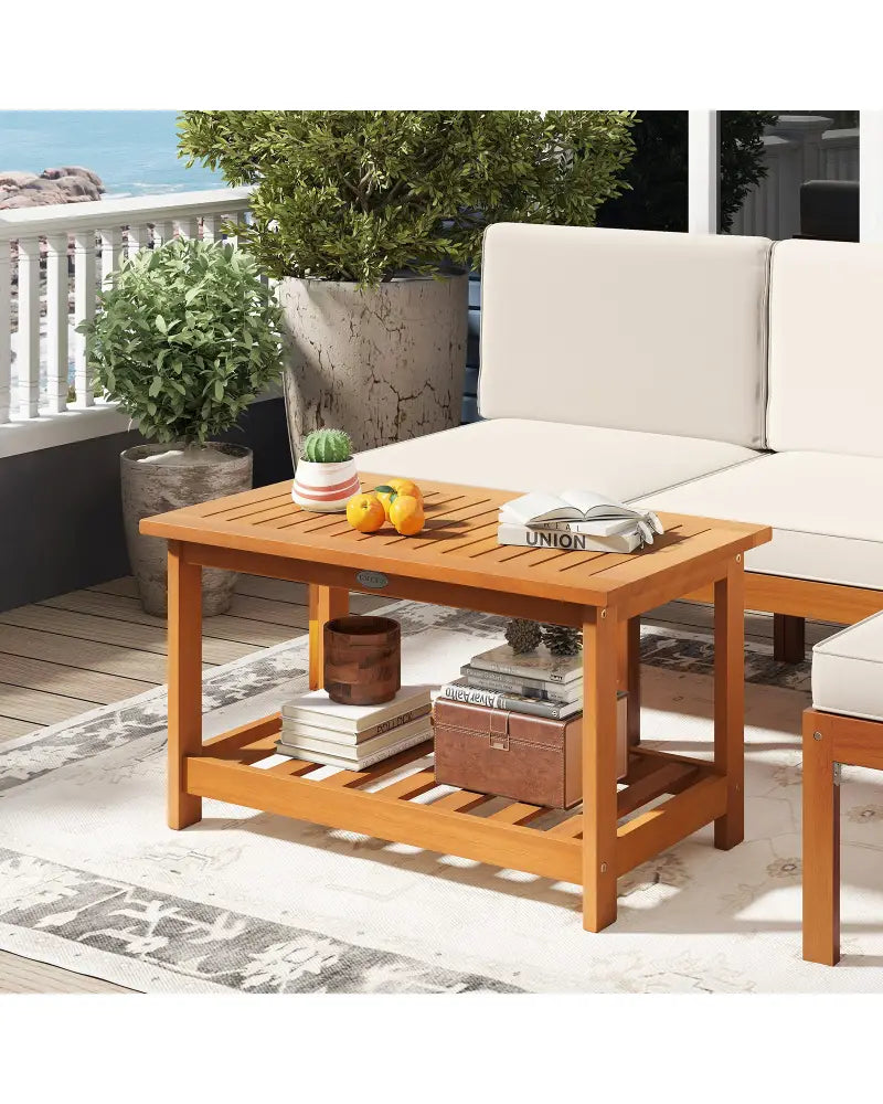 Patio Acacia Wood Coffee Table 2-Tier Rectangular Center Table - Natural - Patio Coffee Tables