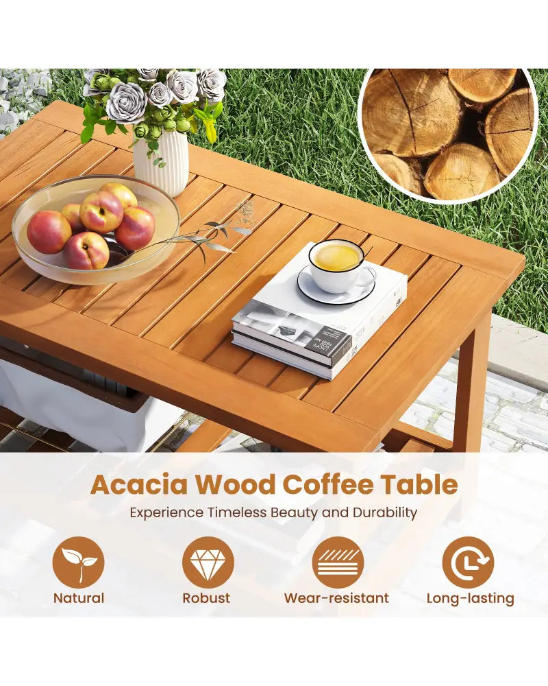 Patio Acacia Wood Coffee Table 2-Tier Rectangular Center Table - Natural - Patio Coffee Tables